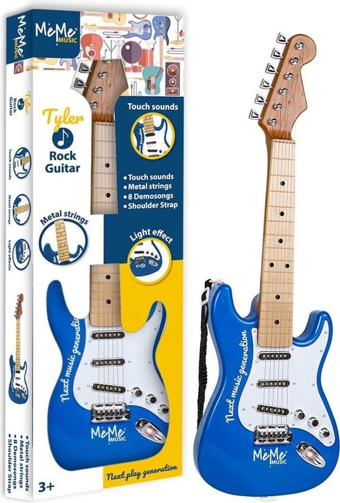 A toy guitar and its packaging are displayed against a white background.