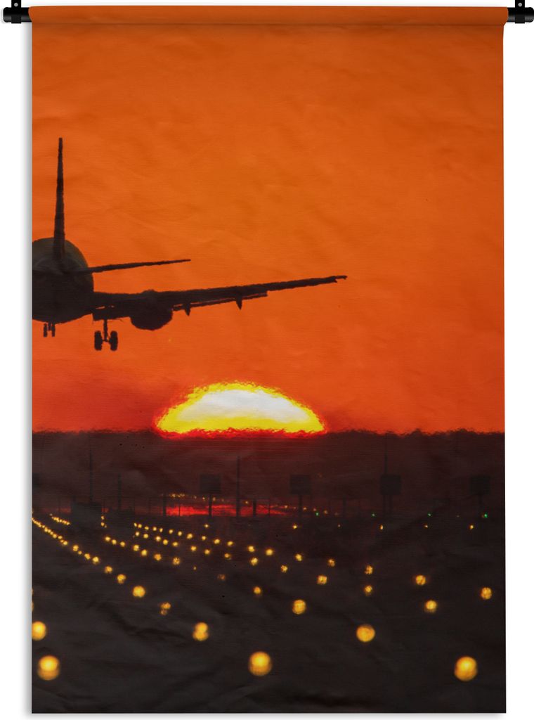 MuchoWow Wandteppich Wandbehang Sonnenuntergang - Flugzeug - Orange - Sonne 120x180 cm Tapisserie Dekoration Wandtuch - Schlafzimmer - Dekoration...