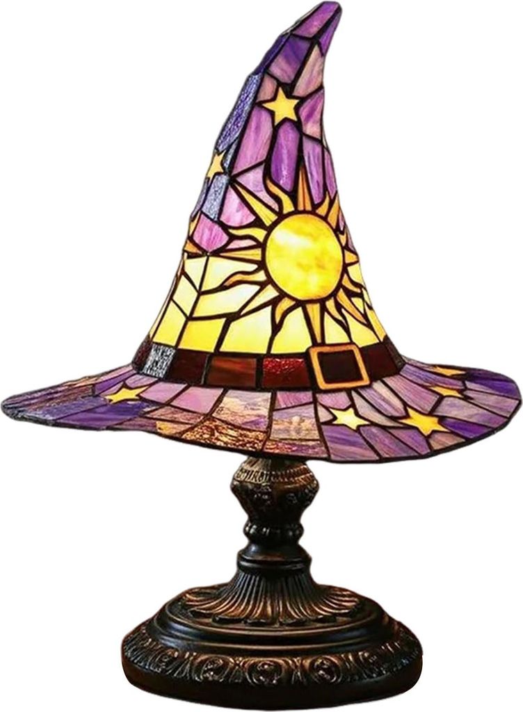 Hexenhutlampe, Buntglasharz, Zaubererhut-Licht, gruselige gotische Tischlampe, dekoratives Stehlicht für Partys im Innenbereich, Spuk-Halloween-Sc...