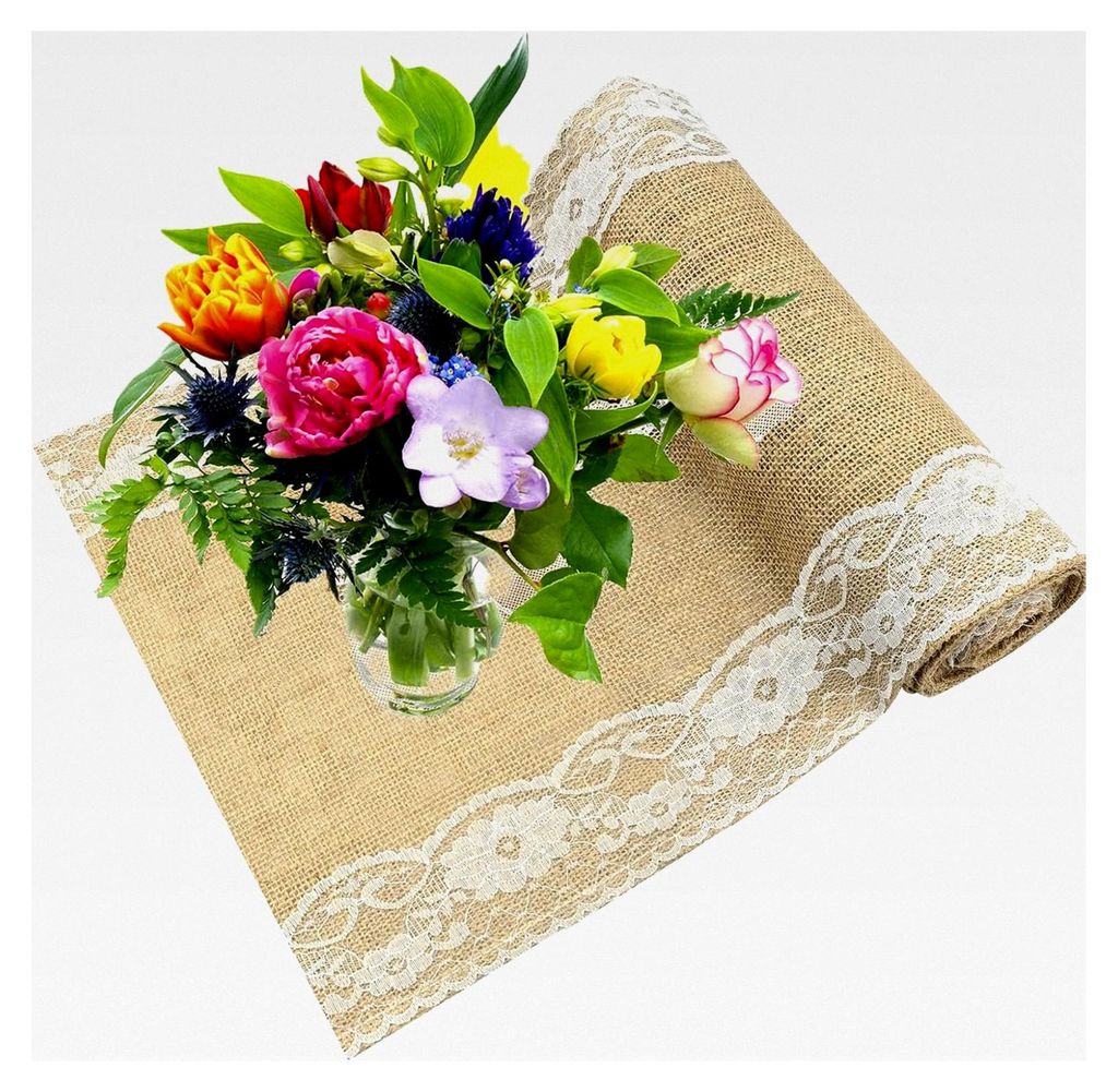 Jute Tischläufer 30×275cm Natürliches Sackleinen Tischband mit Spitze für Hochzeiten und Feste