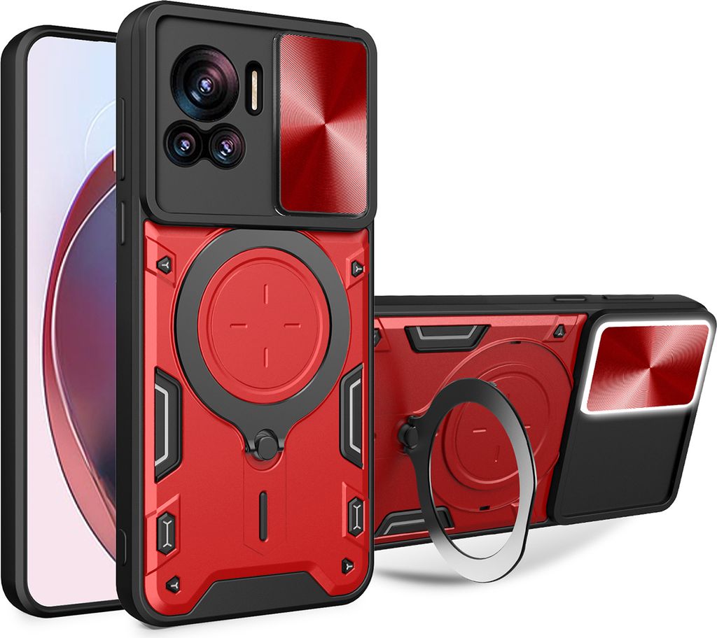 Handyhülle für Motorola Edge 30 Ultra /Moto X30 Pro Dual-Layer Stoßfest Rüstung Hülle mit Dia Kameraschutz und Kreisförmig Ring Ständer Rot