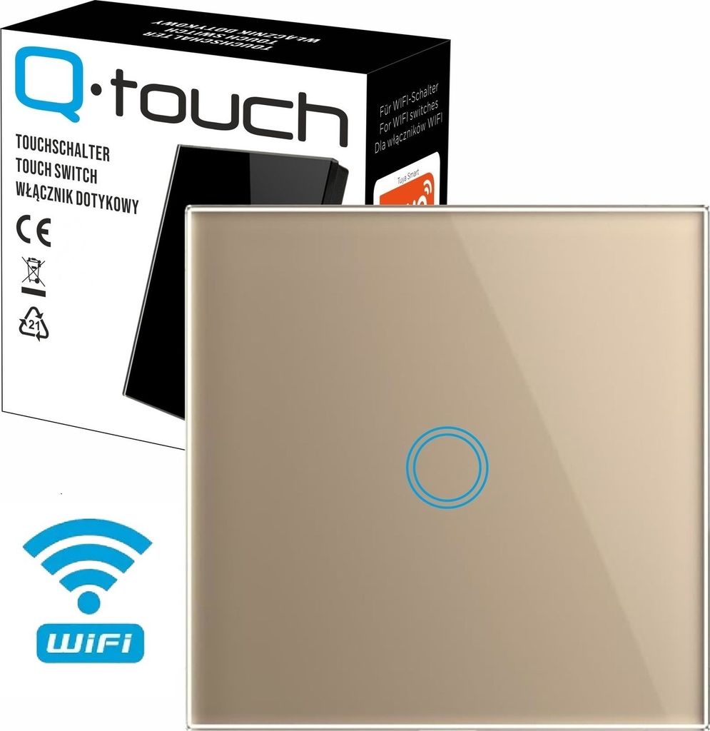 Glas Touch Lichtschalter Wandschalter WIFI 1-Fach Schalter LED gold mit WLAN und Fernbedienungsfunktion