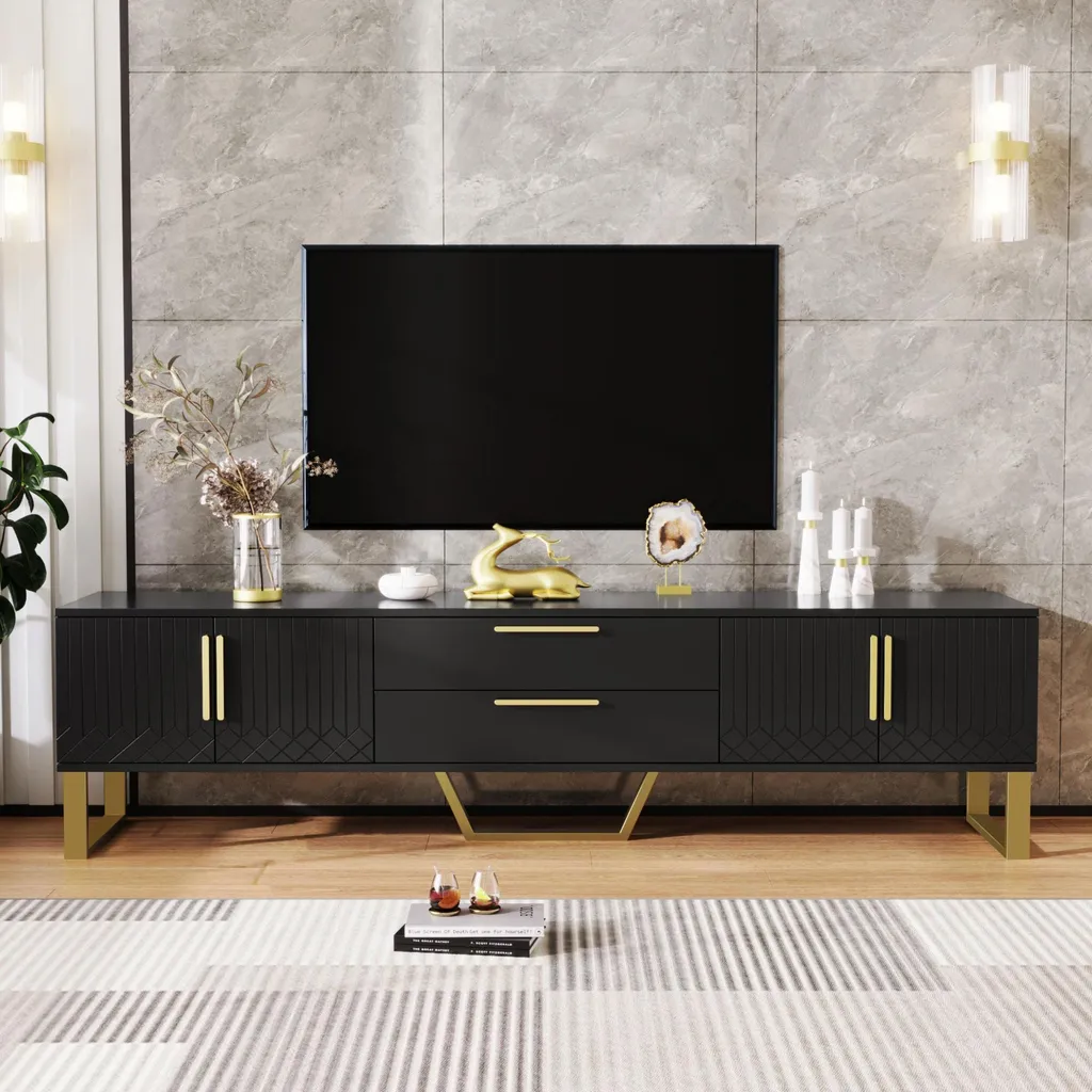 Meuble de salon pour TV et rangement avec pieds en métal doré chic