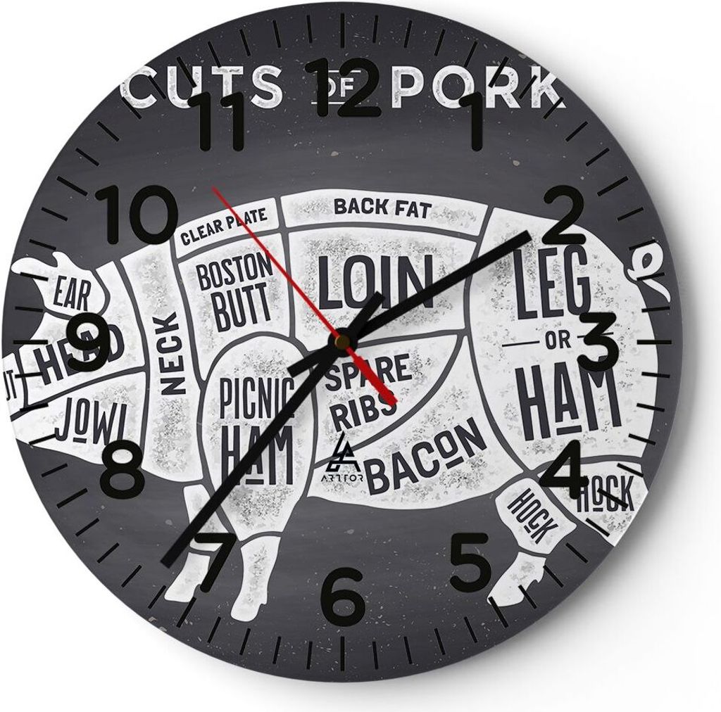 Wanduhr - Rund - Glasuhr - Schweinefleisch Cuts Kochen Grafik - 40x40cm - Schleichendes Uhrwerk - Lautlos - zum Aufhängen bereit - Dekoration Mode...