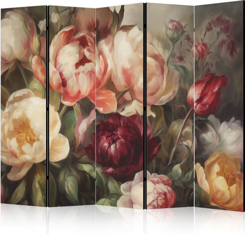 5-teiliger Doppelseitiger Vlies Paravent - Blooming Peonies - Charismatic Flowers Bathed in Sunlight 225x172 cm b-H-10022-z-b