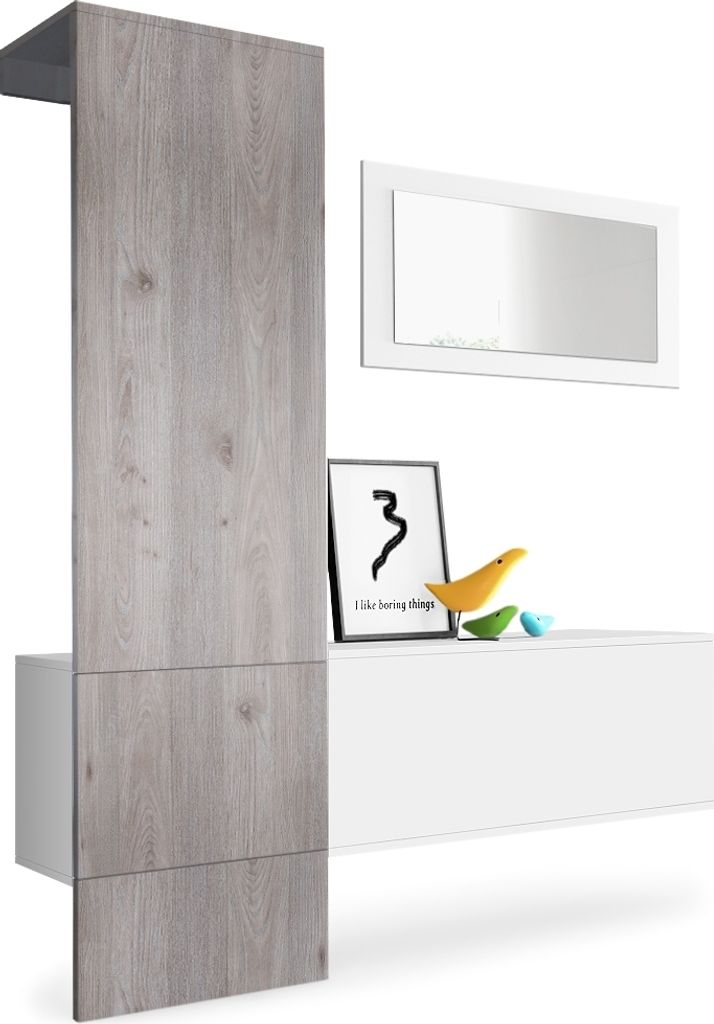 Vladon Garderobe Carlton Set 4, Germany, Garderobenset bestehend aus 1 Garderobenpaneel, 1 Schrankmodul und 1 Wandspiegel, Weiß matt/Eiche Nordic ...