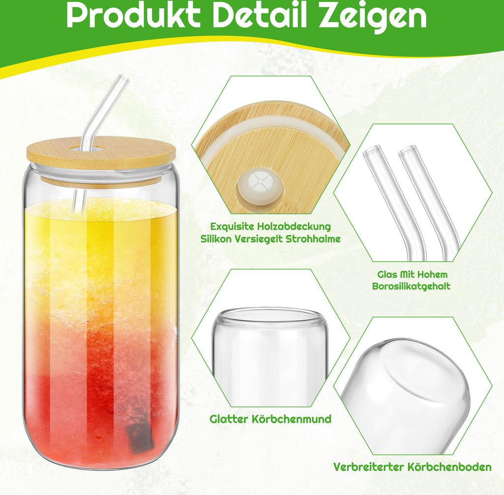 sada 6 sklenic na pití s víčkem a brčkem ze skla 550 Obrázek produktu 3