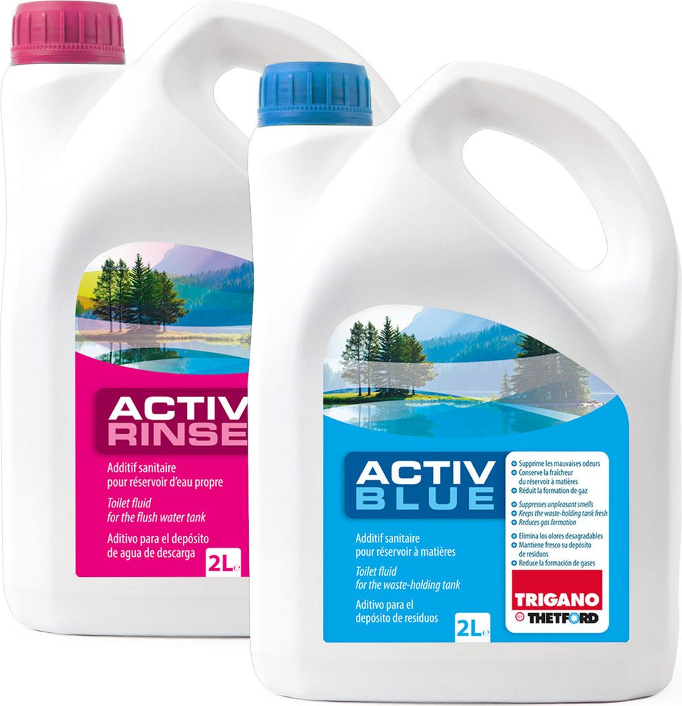 Set Thetford Activ Blue & Aktiv Rinse Toiletten Zusatz Sanitärflüssigkeit je 2L Toilettenflüssigkeit für Abwasser- und Spülwasserbehälter