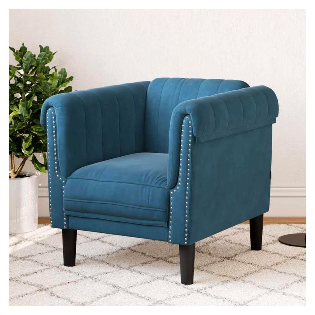 Sessel Blau Samt, Bequemer Polstersessel für Erwachsene, Wohnzimmer Schlafzimmer Lounge, Weicher Stoff, Massivholzbeine, 80x77x74 cm