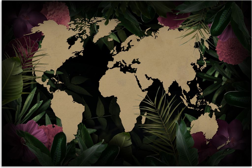 MuchoWow Poster Weltkarte - Blumen - Blätter 30x20 cm - Plakate - Print
