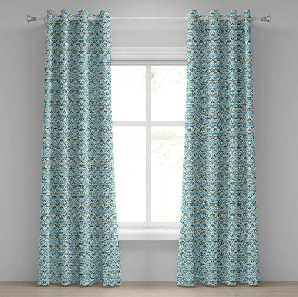 ABAKUHAUS Gelb und Blau Ösenvorhang, Rautenförmiges Dreieck Geometrisches Fractal-Mosaik-traditionelles Motiv, Dekorative 2-Panel-Fenstervorhäng...