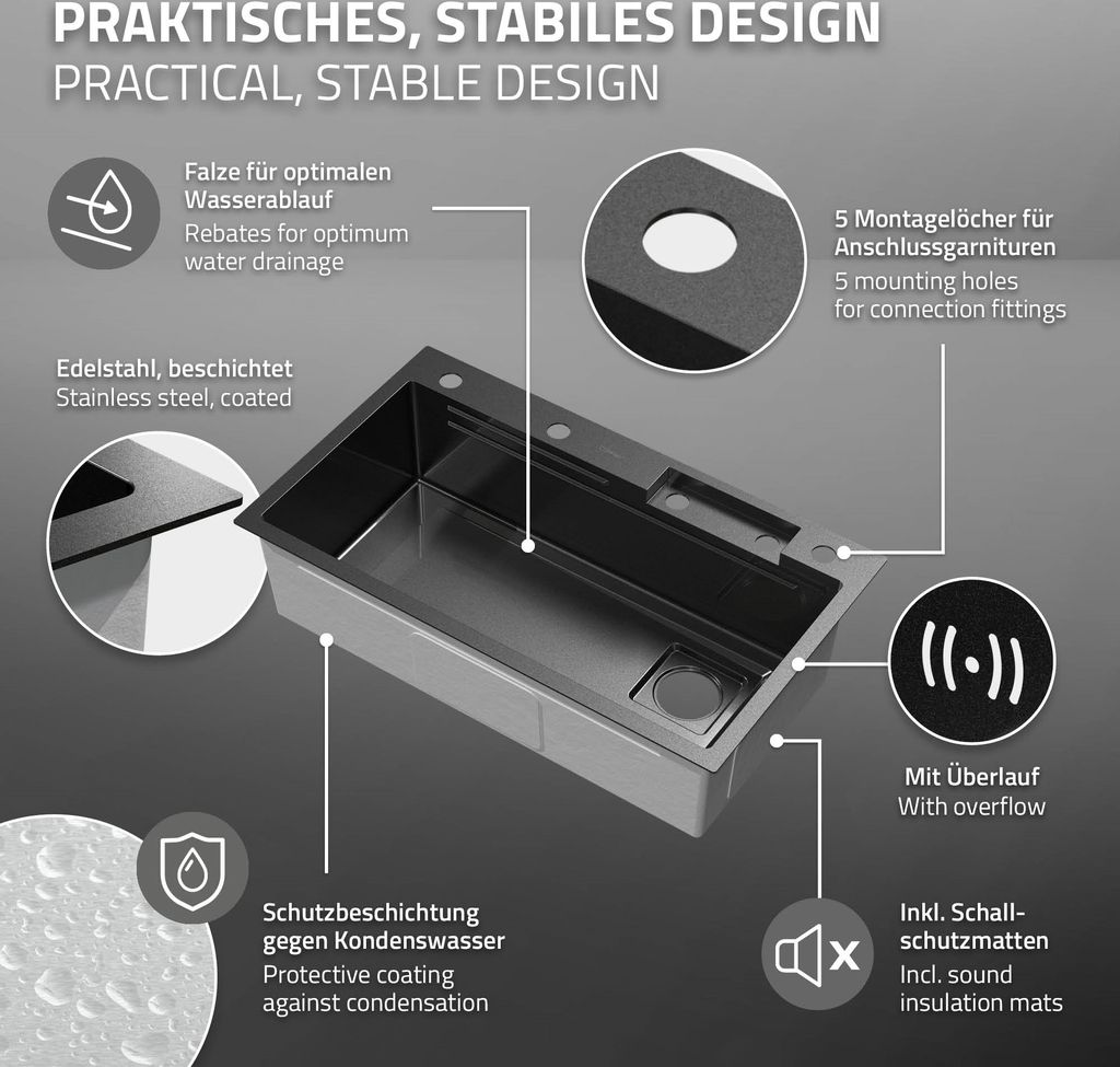 Dřez ML-Design z nerezové oceli, antracitový, s výsuvnou Obrázek produktu 2