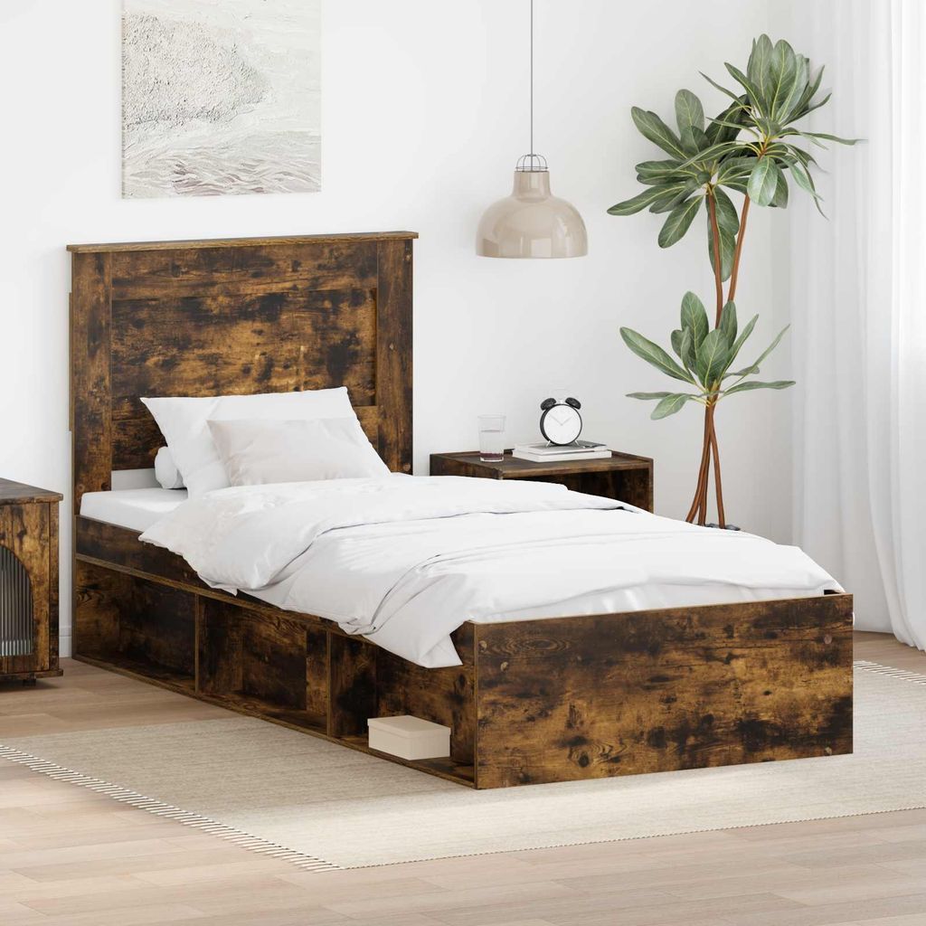 "Schlussverkauf" Einzelbett 1 PLACE - bettrahmen moderne - Geräucherte Eiche 75x190 cm Massives Kiefernholz C1803