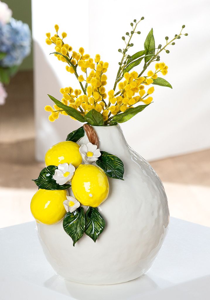 Gilde Vase, bauchig, Zitrone, "Amalfi", Keramik, weiß, VE 2, H. 21 cm, D. 18 cm Höhe: 21.00 cm Durchmesser: 18.00 cm 58641