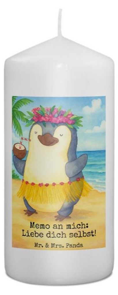 Mr. & Mrs. Panda Kerze Pinguin Kokosnuss Design 15 x 7 cm - Weiß - Geschenk, Bedruckte, Erinnerungslicht, Aloha, Erinnerungskerze, Stumpenkerze, U...