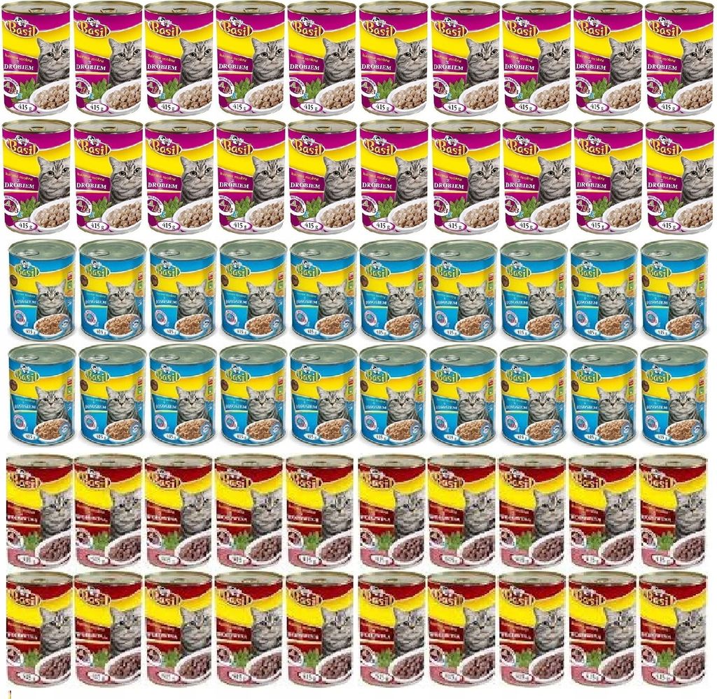 A collage of multiple cans of cat food.