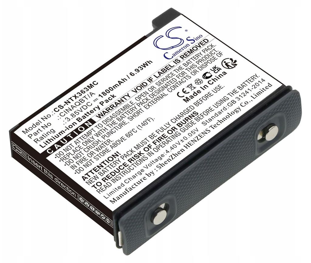 A close-up, angled view of a black and gray lithium-ion battery pack with a white label containing product information and warnings.