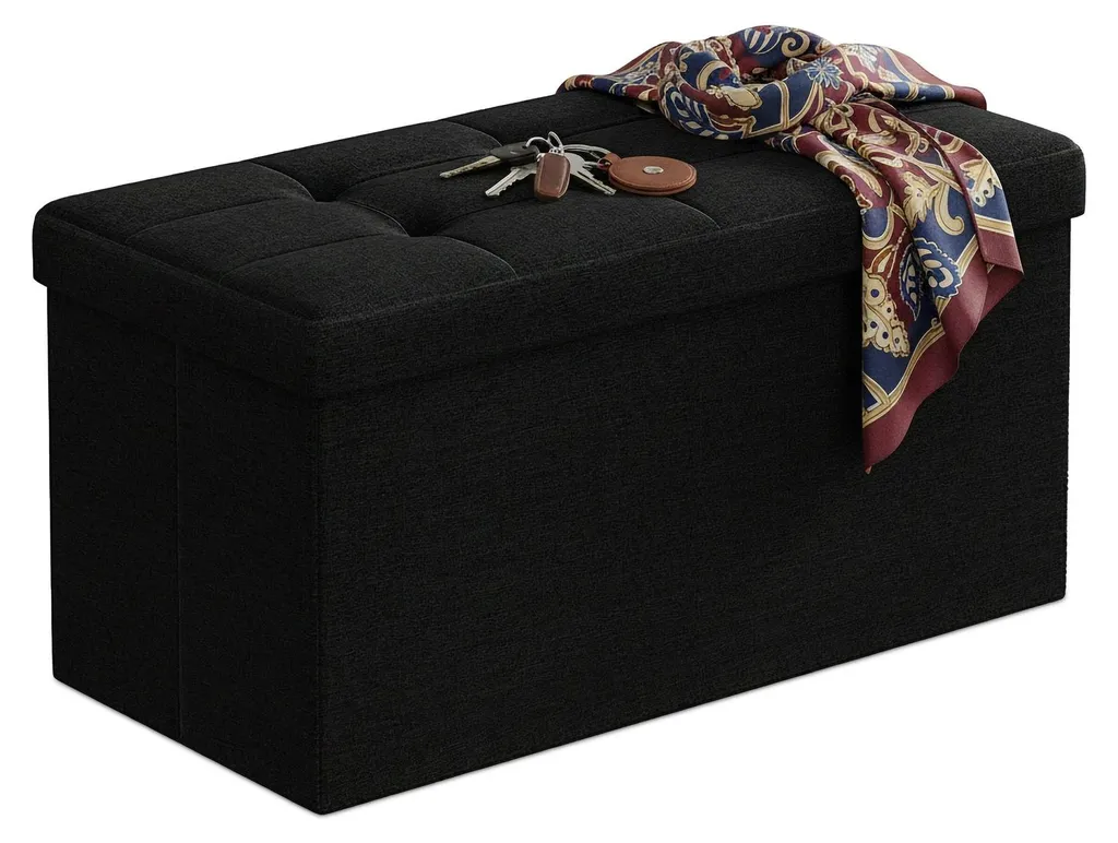 Pouf coffre de rangement 2 places en tissu rembourré et pliable - Gris