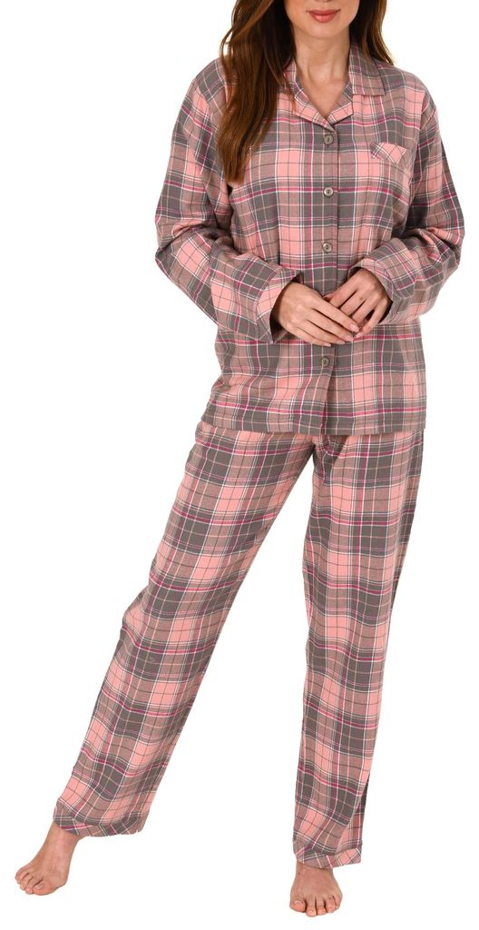 Damen Flanell Pyjama Schlafanzug kariert mit Knopfleiste und Hemdkragen - 202 201 15 600 ; Karo grau , 36