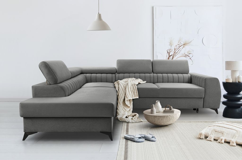 BREGO Graphit L-Form Ecksofa 270x202 cm Linke Seite – Schlafsofa mit Bettkasten, Verstellbaren Kopfstützen, Zetta Stoff, Modernes Design, Freist...