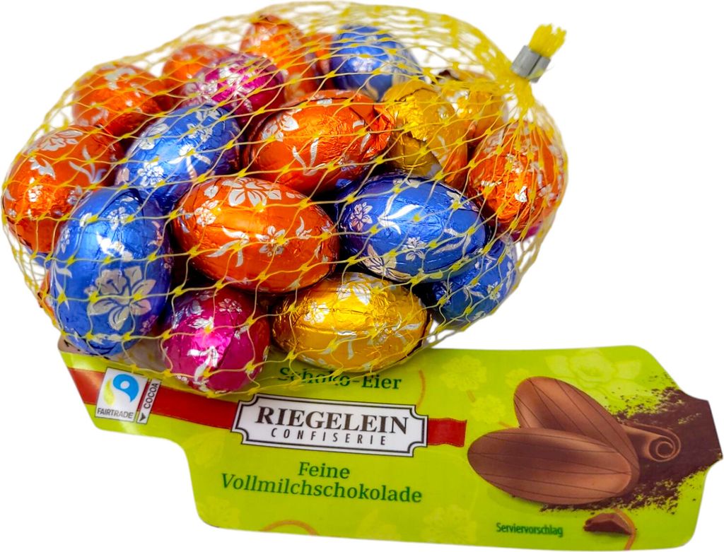 A bag of foil-wrapped chocolate eggs.