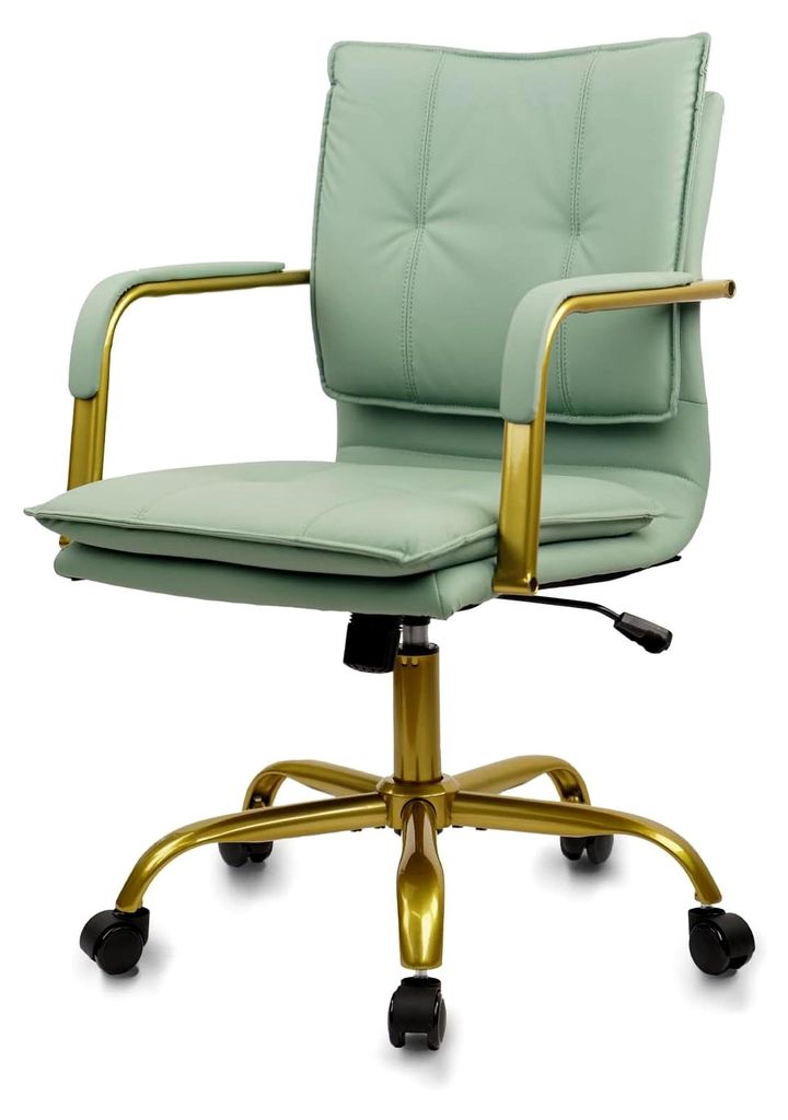 Höhenverstellbarer Bürostuhl mit gepolsterten Armlehnen und Drehfunktion, mittlere Rückenlehne, Goldbeine, Arbeitsstuhl mit Rollen, Grün