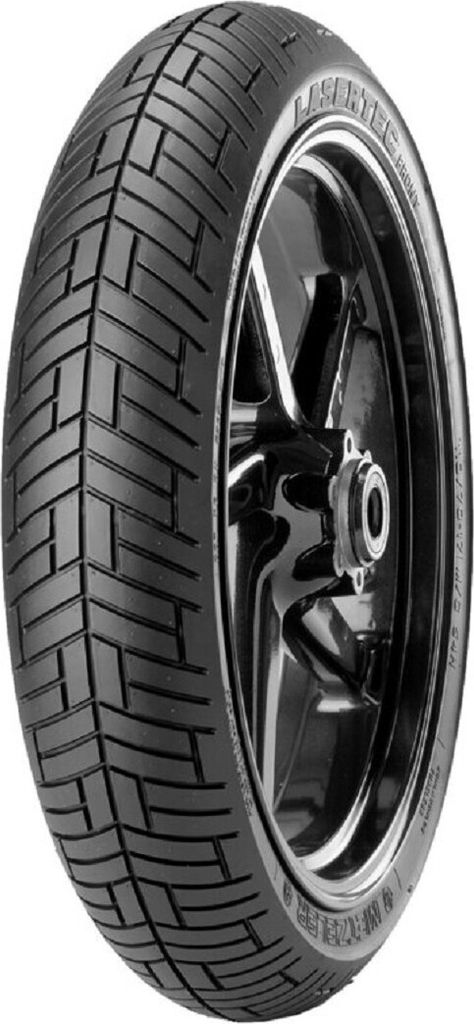 A motorcycle tire mounted on a rim, shown from the side.