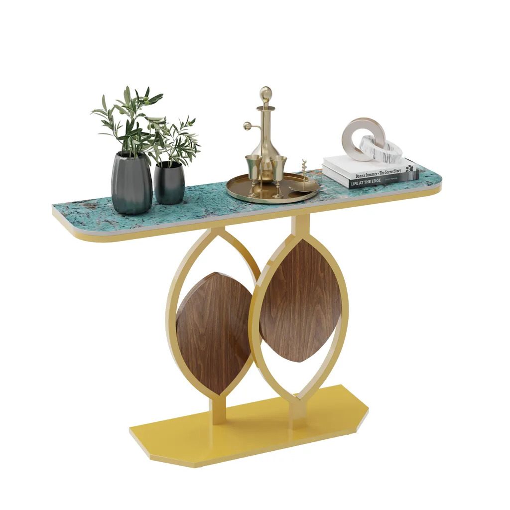 Console d'entrée étroite 120 cm style marbre bleu et métal doré
