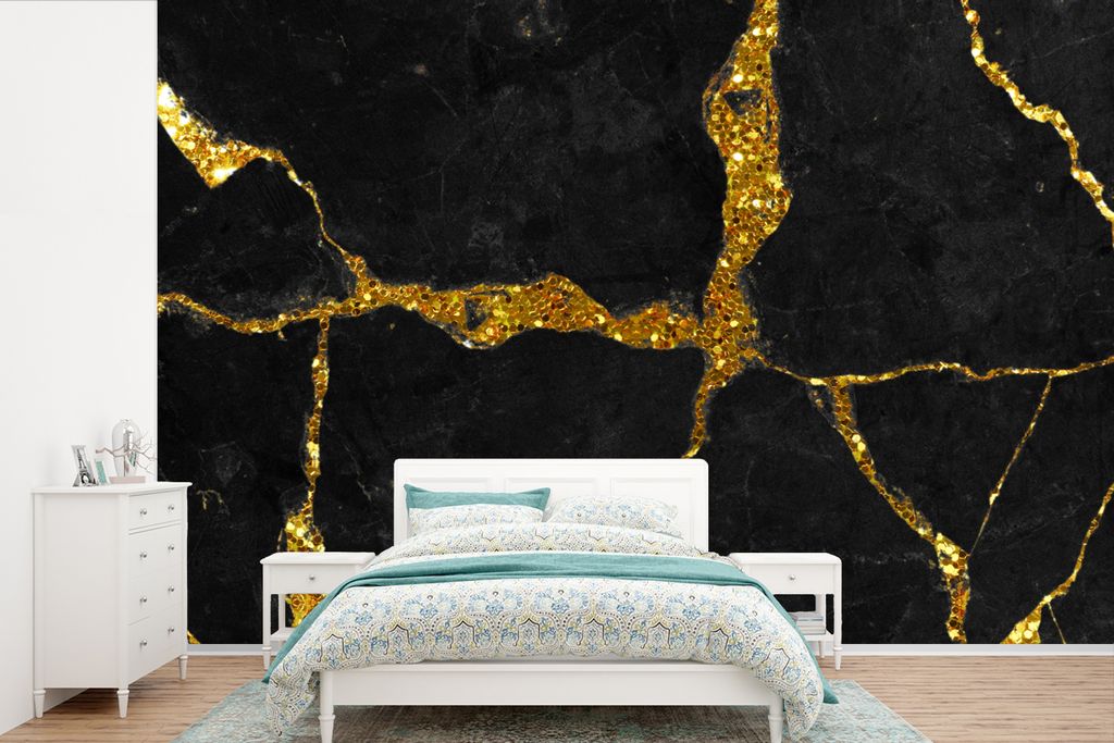 MuchoWow Fototapete für Wohnzimmer oder Schlafzimmer Wandtapete Vinyl Motivtapete Marmor - Gold - Schwarz - Marmoroptik - Glitter - 600x400 cm -...