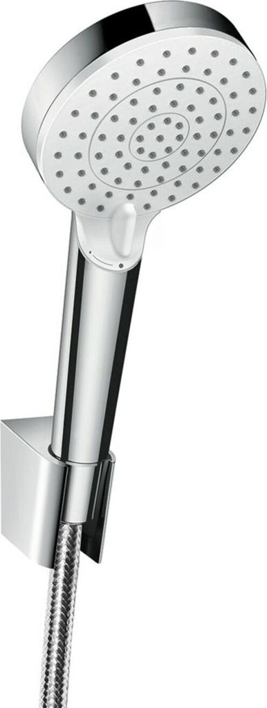 A chrome and white hand-held shower head with a flexible hose attached, mounted on a wall bracket.