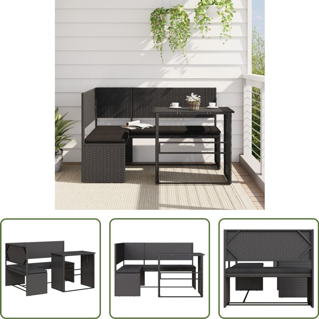 The Living Store Gartensofa in L-Form mit Tisch und Kissen Schwarz Poly Rattan