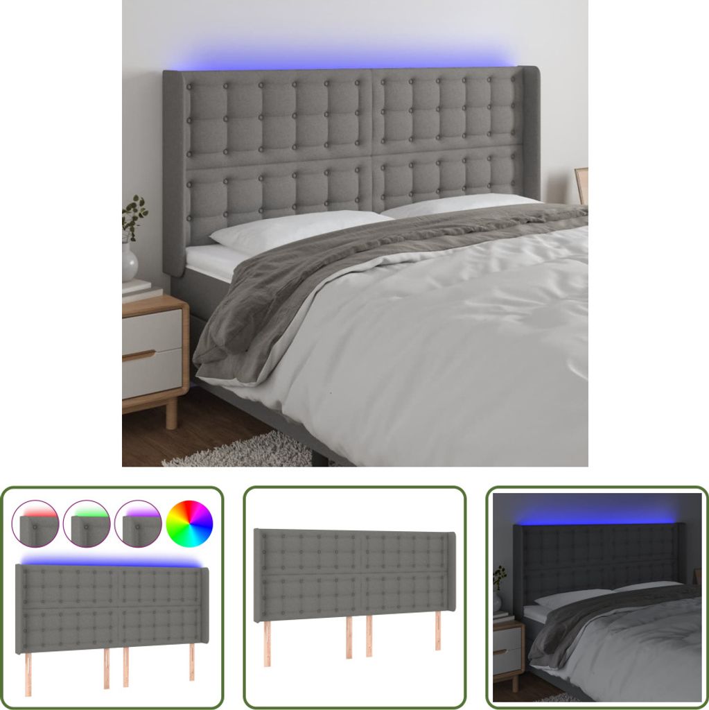 The Living Store LED Kopfteil Dunkelgrau 183x16x118/128 cm Stoff