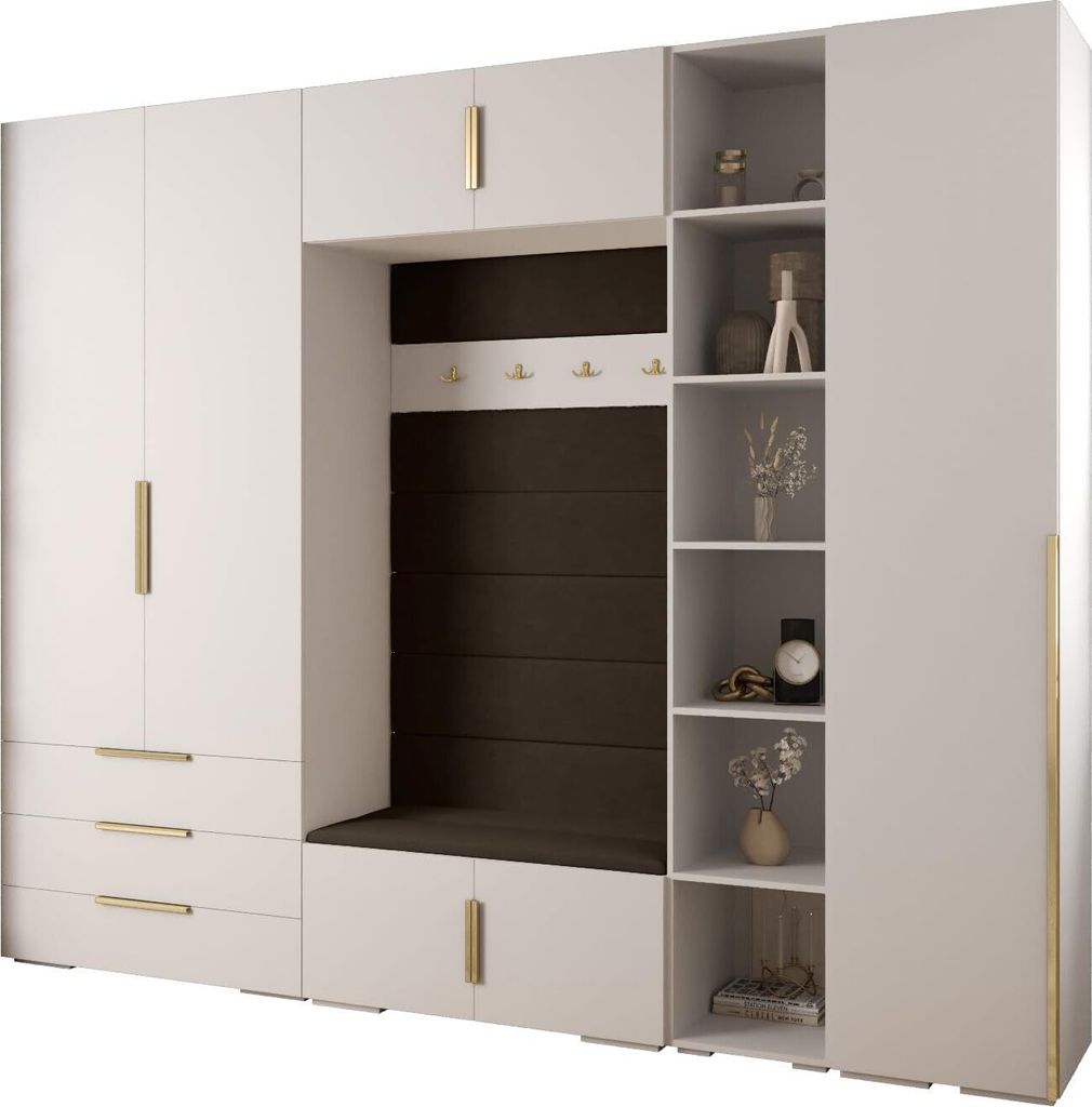 MEBLE KRYSPOL Inova 1 Möbelset Garderobe, 236,7x290x47cm - Weiß, Manila 04, Gold