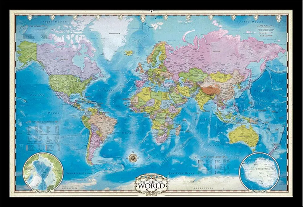 Décoration Bureau : Grande Carte du Monde Encadrée Noir sous Vitre