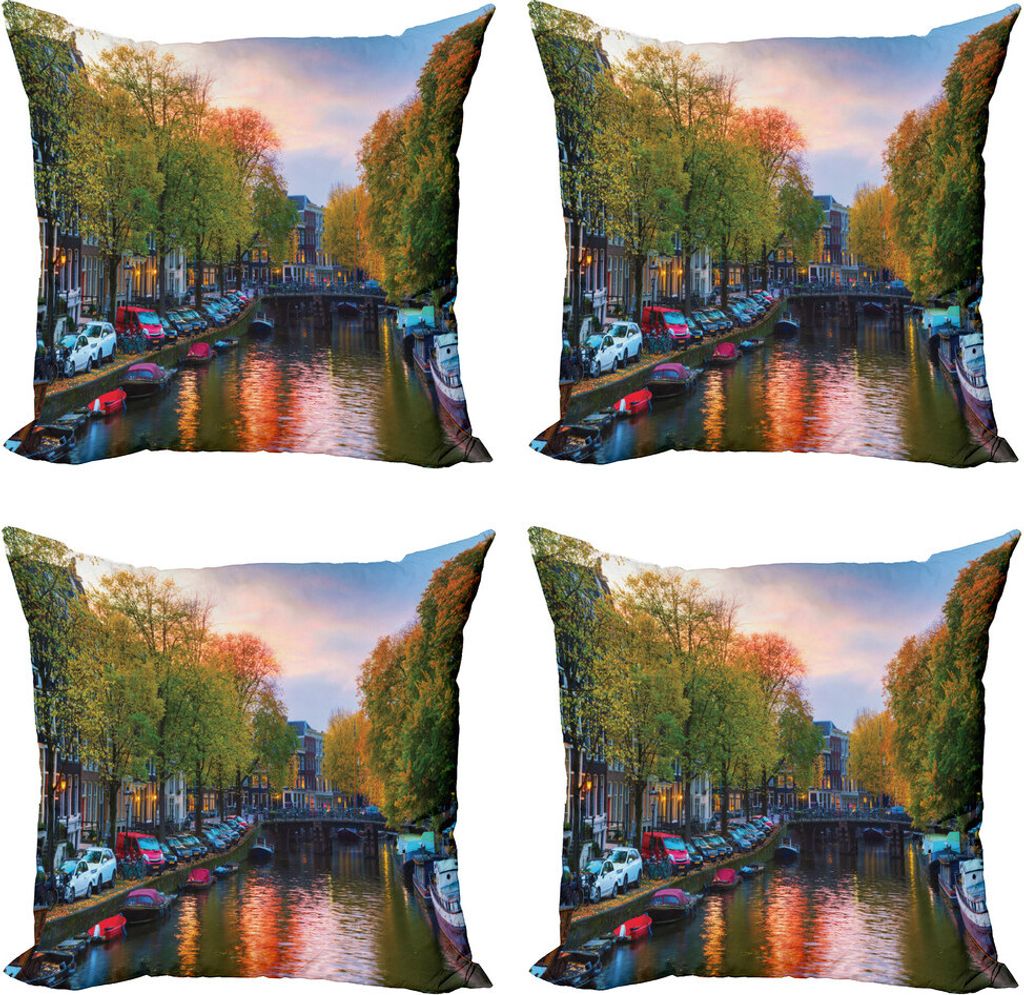 ABAKUHAUS Niederländisch Kissenbezug Set (4 Stück), Amstel Fluss mit Brücken, Moderner Doppelseitiger Digitaldruck, 45 cm x 45 cm, Mehrfarbig