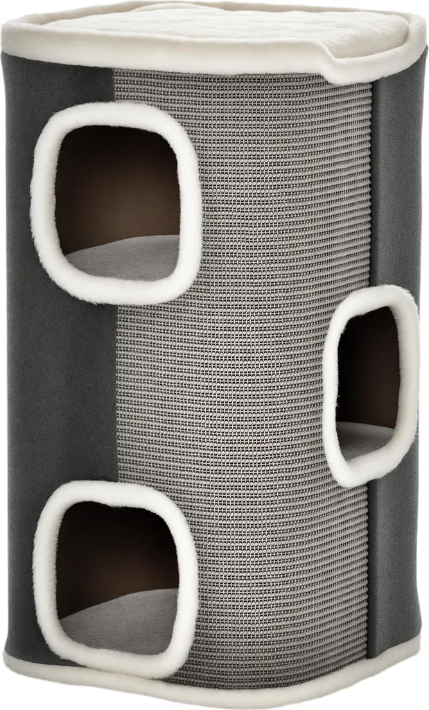 Arbre à Chat Tonneau 3 Étages PawHut avec Coussin Doux Gris et Blanc