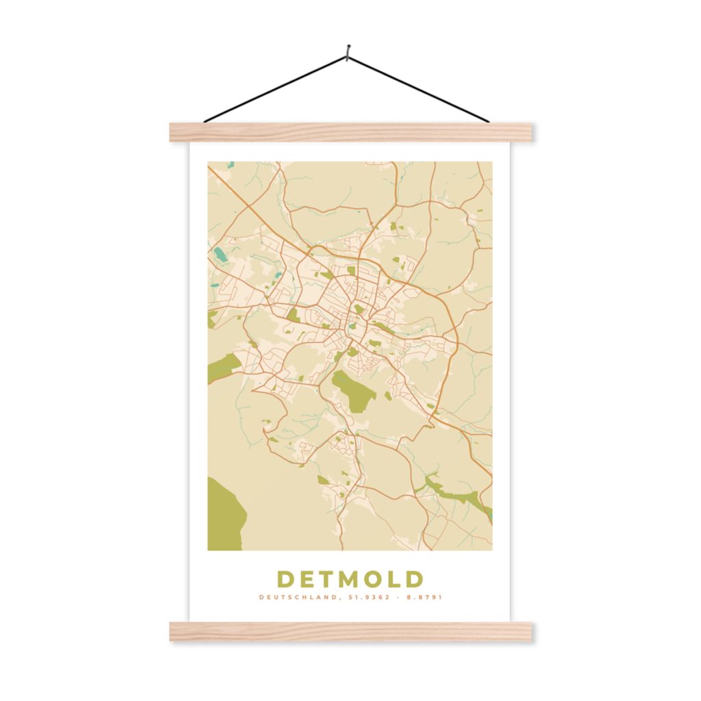 MuchoWow Textilposter Karte - Stadtplan - Vintage - Detmold - Karte 40x60 cm mit holzfarbenen Rahmen - Poster