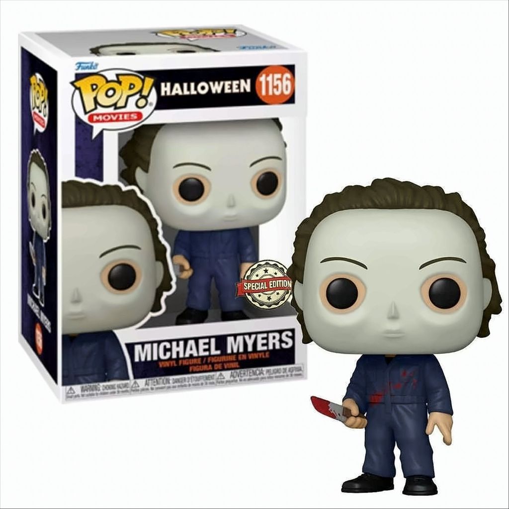 A Funko Pop! vinyl figure of Michael Myers from Halloween, shown in its packaging and also standing next to it.