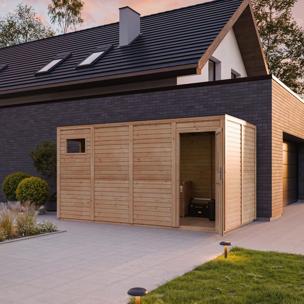 Dřevěný zahradní domek 8,16 m² TIMBELA M327F1+M327G, Obrázek produktu 