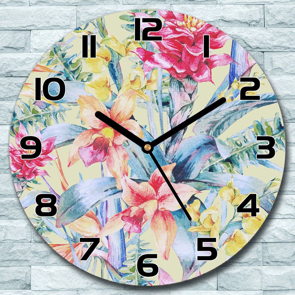 Wanduhr aus Glas Rund fi 30 Tropische Blumen Quarz Deko Schlafzimmer Büro