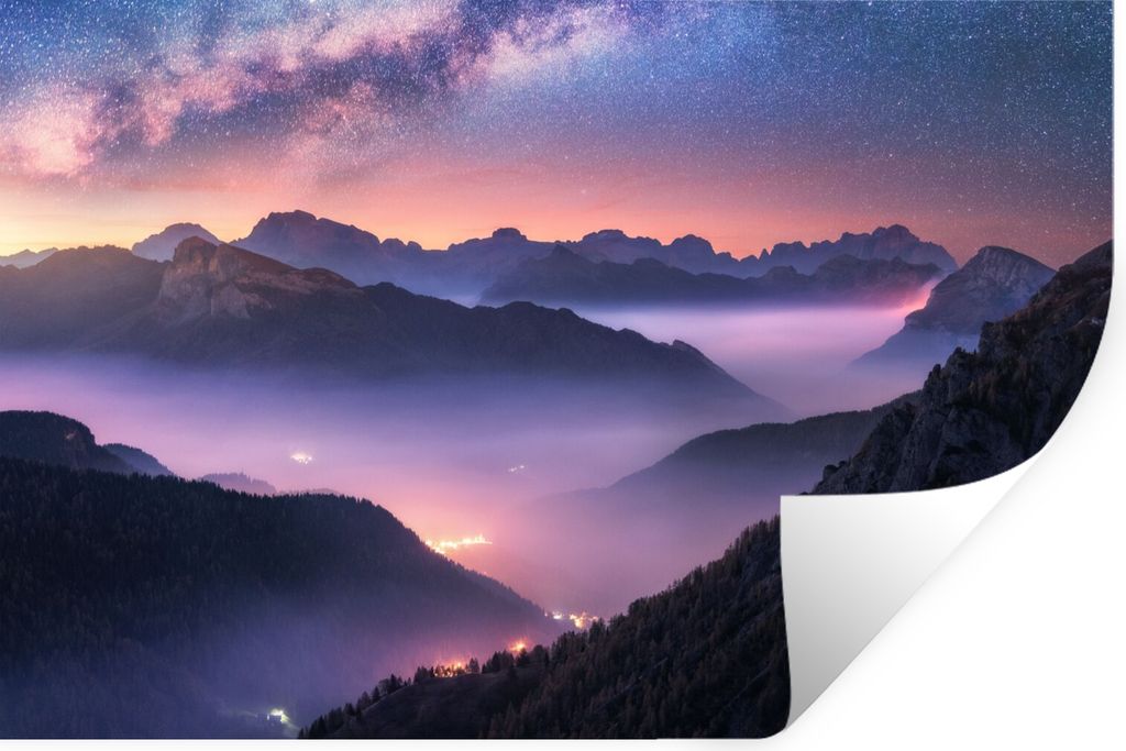 MuchoWow Wandtattoo Wandsticker Wandaufkleber Berge - Sternenhimmel - Nebel 90x60 cm Selbstklebend und Repositionierbar - Aufkleber
