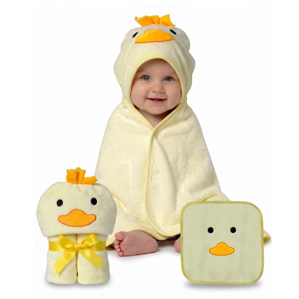 HECKBO Baby Kapuzenhandtuch Küken mit Waschlappen | 90x100 Produktbild 