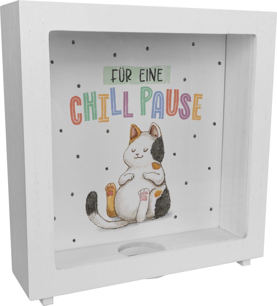 Glückskatze Rahmen Spardose aus Holz mit Spruch Für eine Chill Pause