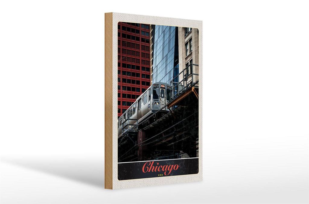 Holzschild Reise 20x30cm Chicago USA Amerika Bahn Hochhaus Produktbild 