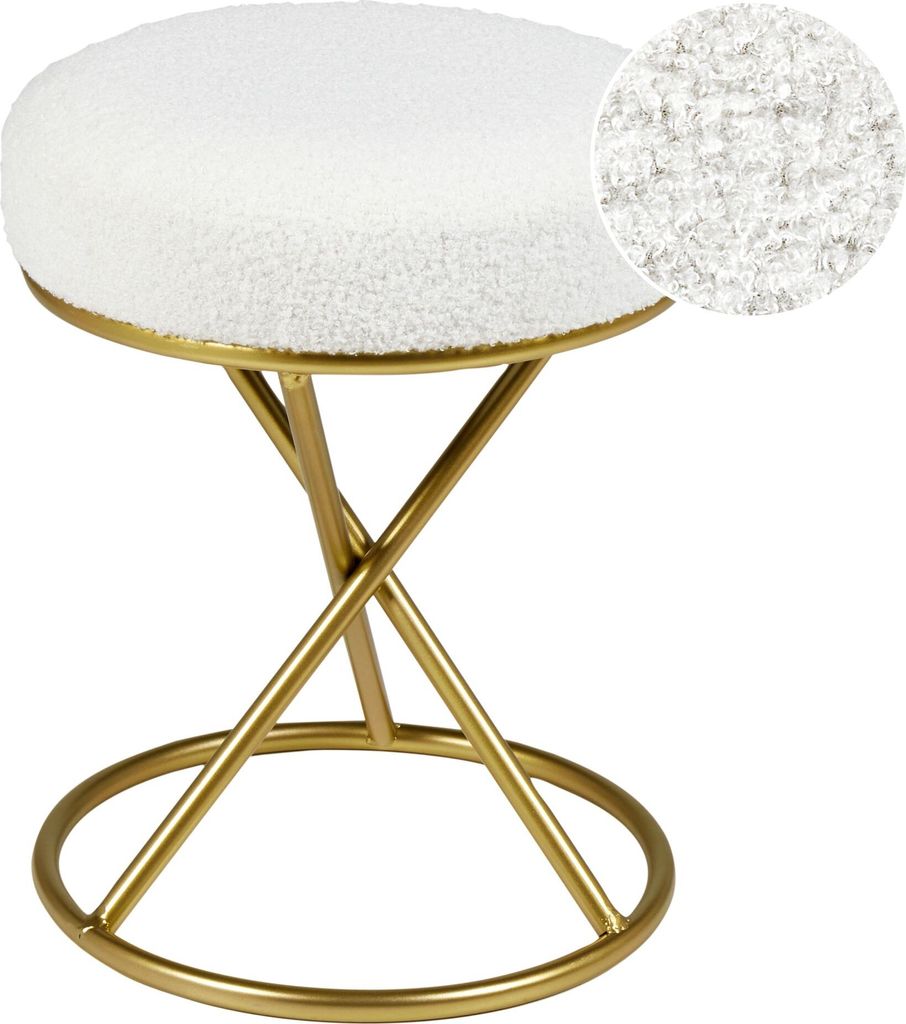 A white bouclé stool with a gold metal base.
