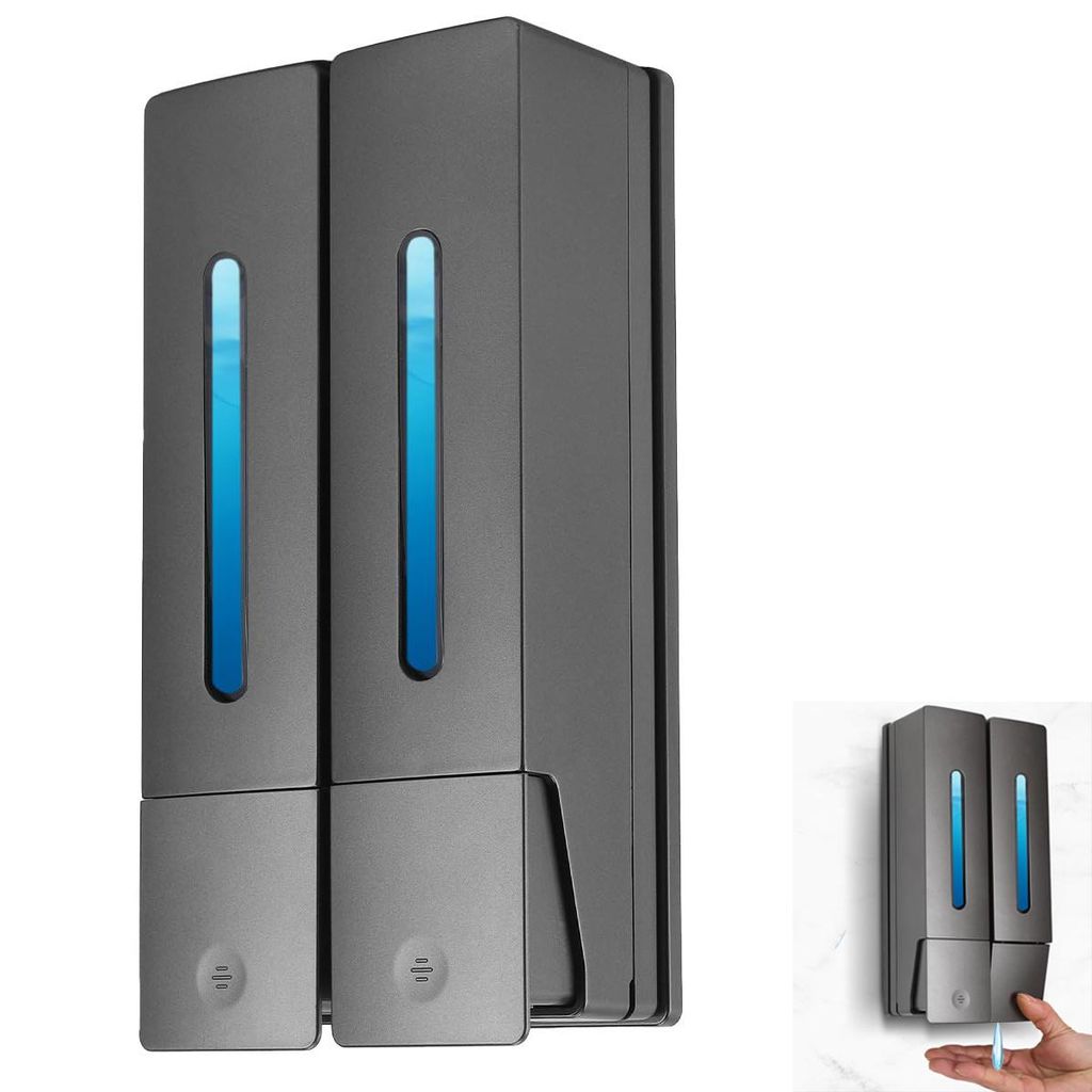 Doppelt Wandmontierter Seifenspender,2x400ml, Drückspender für Duschgel, Shampoo und Flüssigseife, Schwarz Wand Duschspender