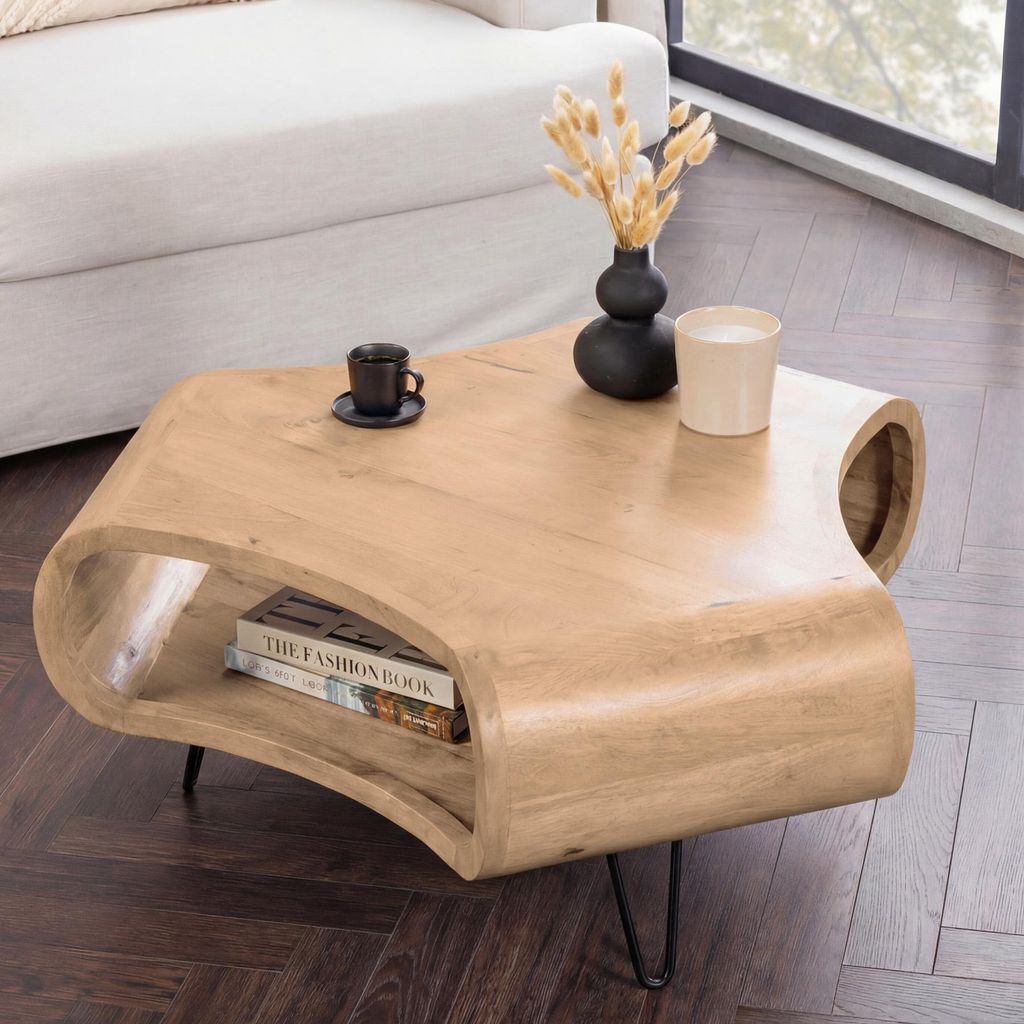 riess-ambiente Couchtisch ORGANIC LIVING 90cm beige cream finish Mangoholz mit Hairpin Legs