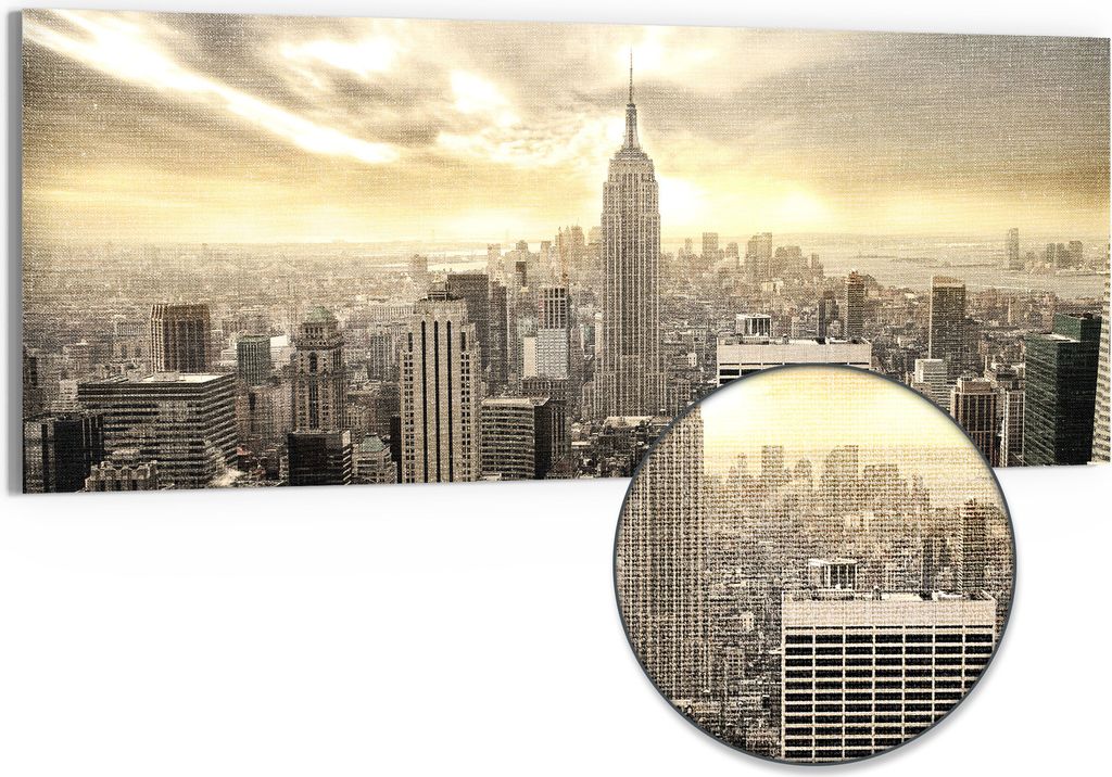 DEQORI Hybrid Leinwand Bild 150x60 cm 'Goldene Metropole' Wandbild Glas flach modern
