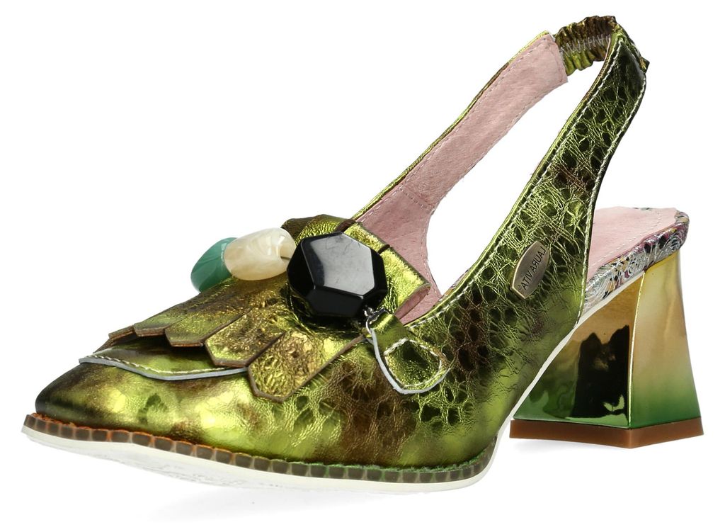 Laura Vita Damen Slingback Pumps Dekorsteine Fransen Glanz HICMIMO 15, Größe:39 EU, Farbe:Grün