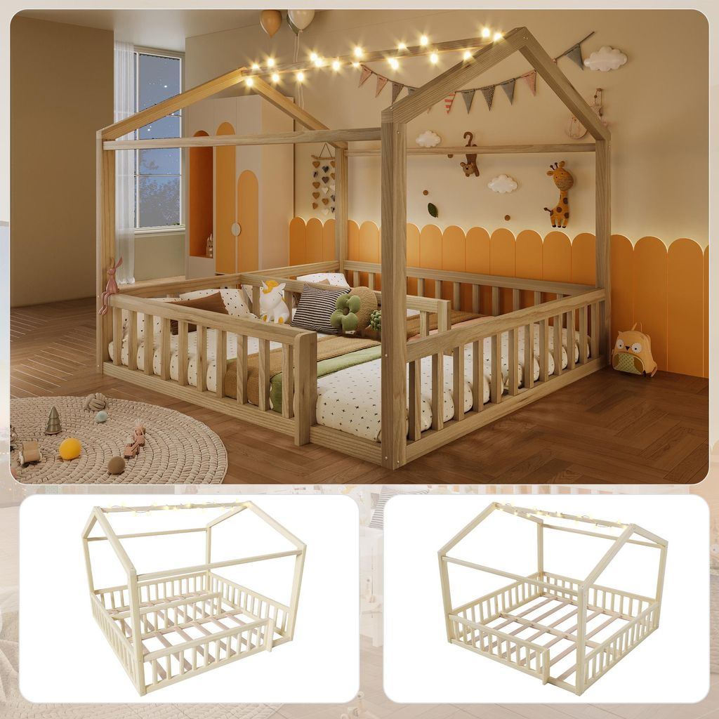 90x190/180x190 Kinderbett Hausbett Natur mit LED-Perlen, Produktbild 